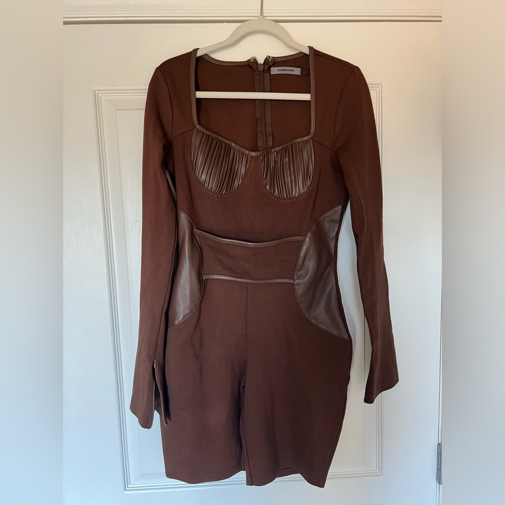 Maniere De Voir Pleated Vegan Leather & Bandage Playsuit - Brown - Picture 2 of 5